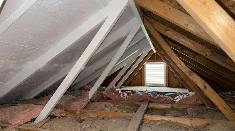 The same attic after mold removal and a white antimicrobial coating