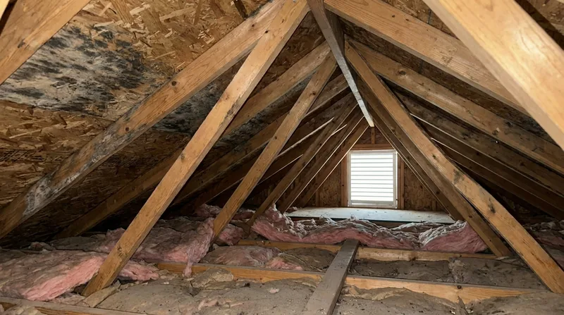 Attic roof sheathing with black mold near the eaves