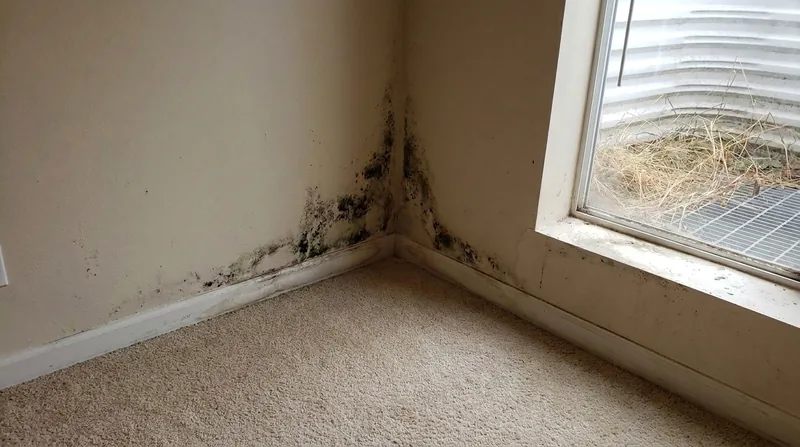 Basement wall corner with black mold above the baseboard