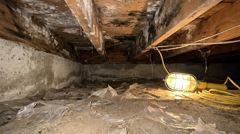 Crawl space with moldy joists and torn plastic on a dirt floor