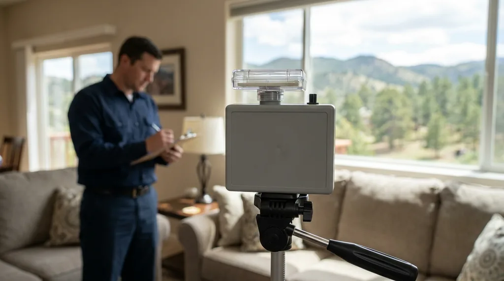 Air sampling pump on a tripod during an indoor mold test
