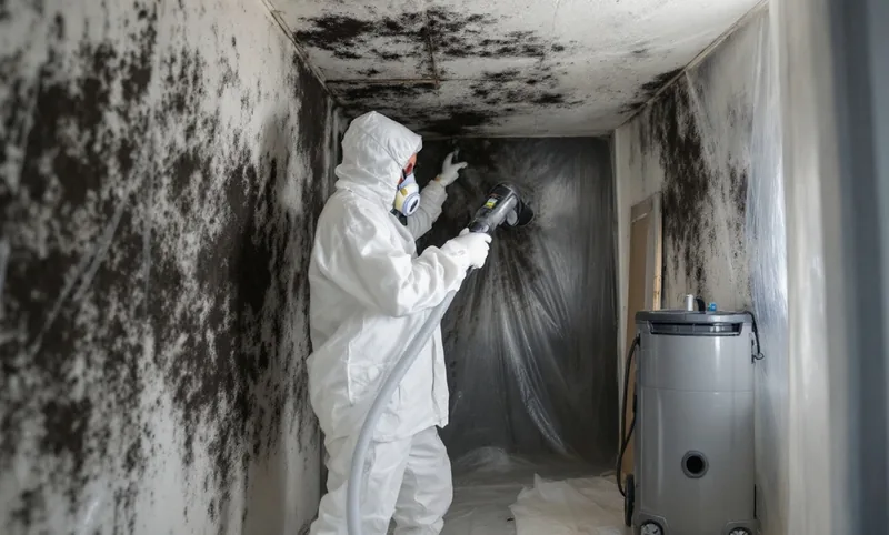 Technician in a protective suit HEPA vacuuming black mold inside plastic containment