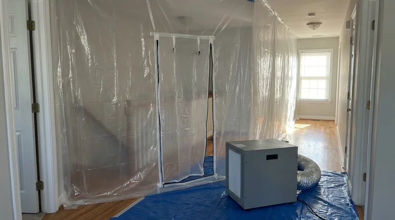 Plastic containment with a zipper door and an air scrubber in a hallway