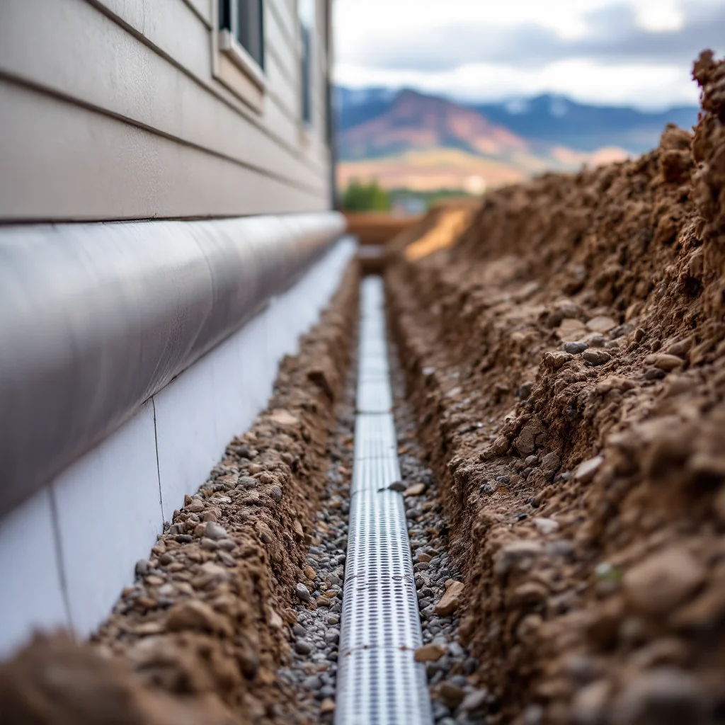 Foundation drain trench along a house with mountains in the distance