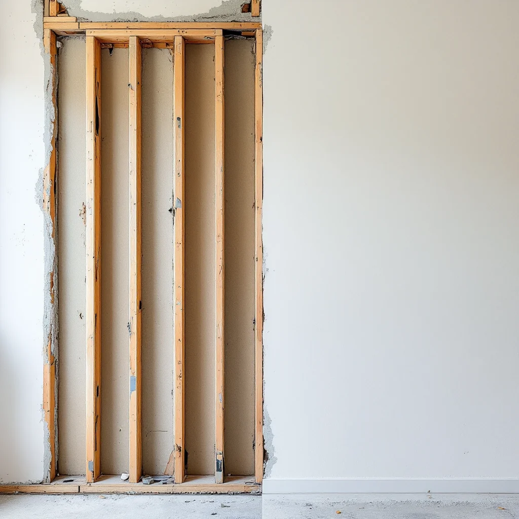 Wall opened to the studs during mold remediation