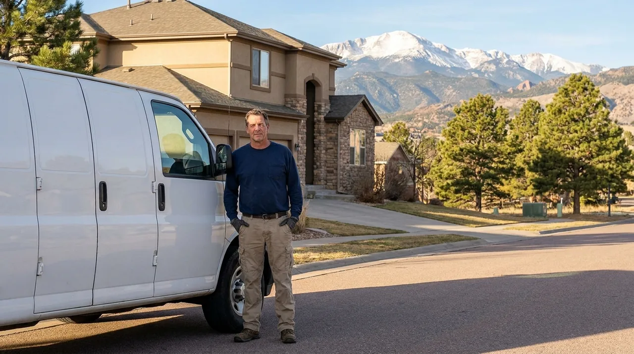 Technician beside a work van on a Colorado Springs street with Pikes Peak behind