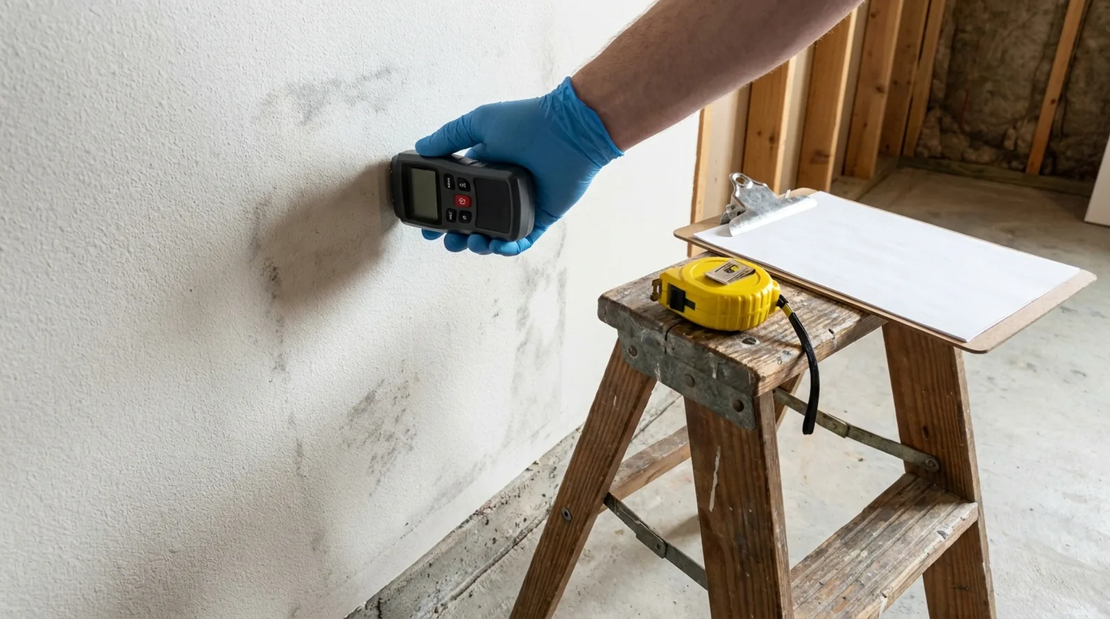 Gloved hand checking a stained basement wall with a moisture meter