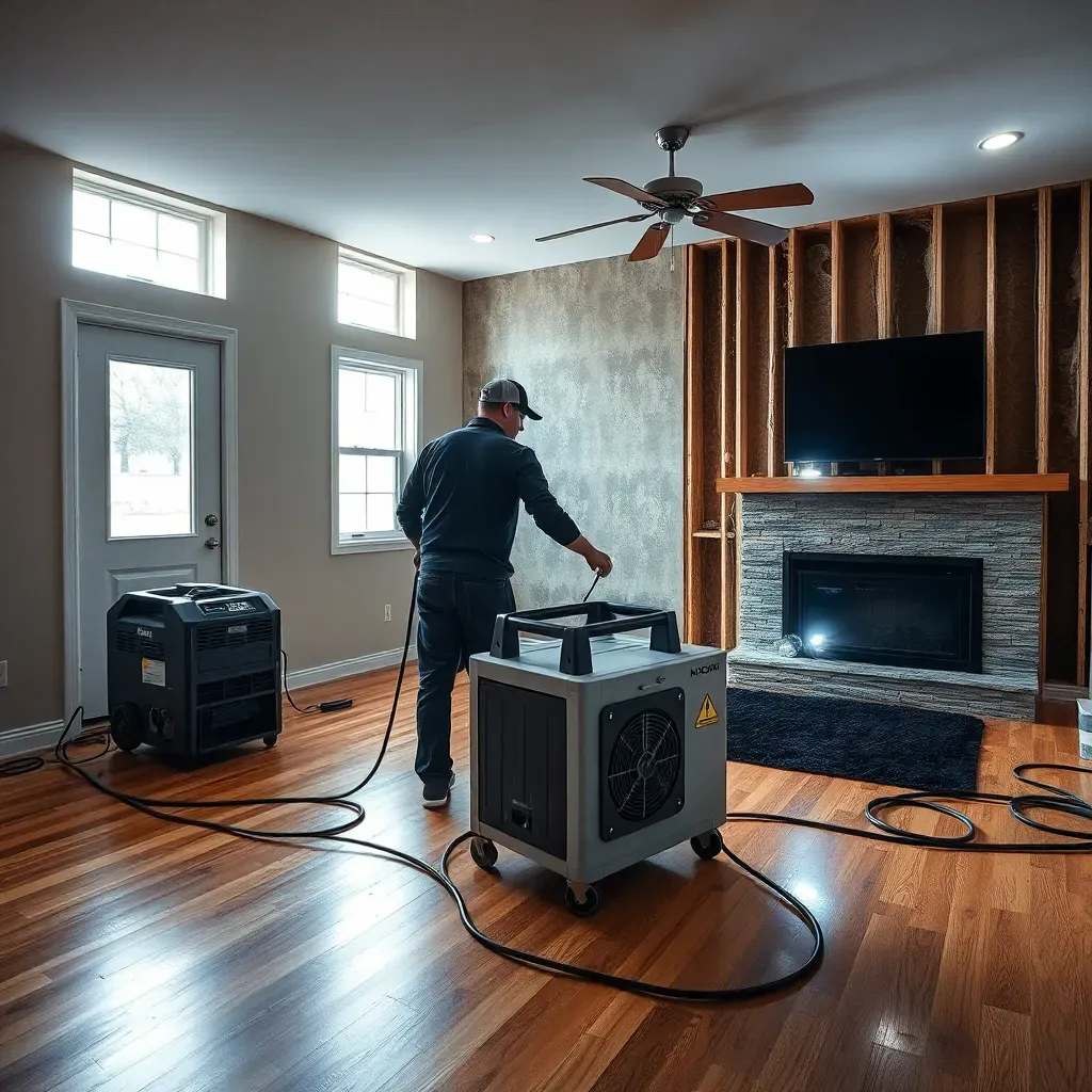 Technician running drying equipment in a water-damaged living room