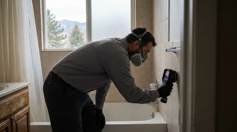 Inspector scanning a bathroom wall with a thermal imaging camera